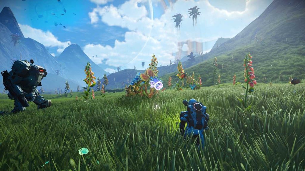 Player exploring a vast open-world environment, gathering resources and constructing structures