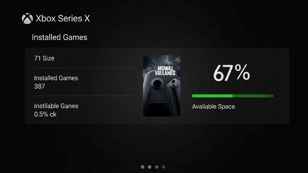 Xbox Series X storage screen displaying installed games with size information and available space indicator