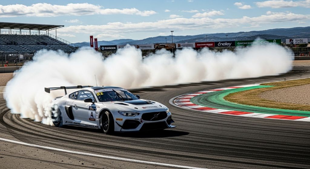 Racing game vehicle drifting through sharp hairpin curve with tire smoke showing optimal racing line technique