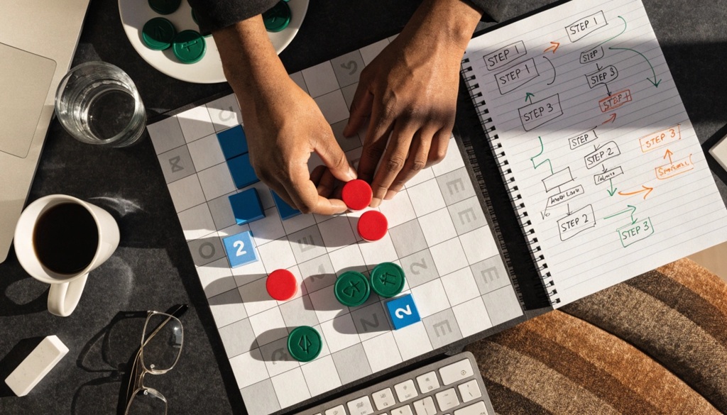 Hands arranging game pieces next to a notepad with drawn flowcharts.