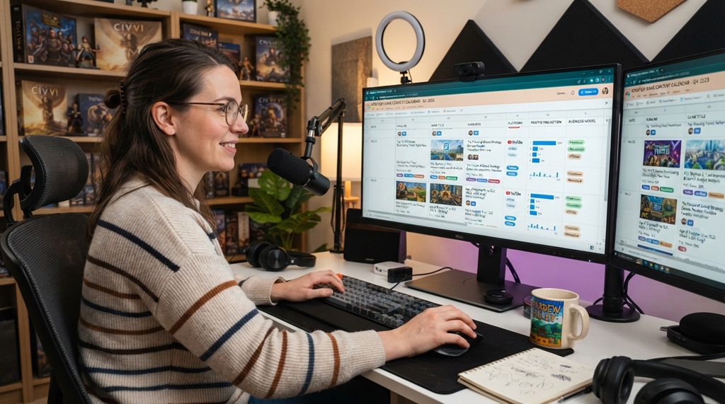 Content calendar spreadsheet mapping strategy game news to business monetization goals.