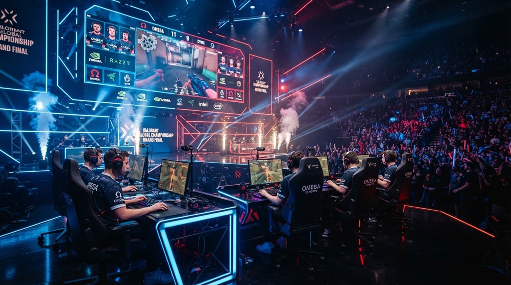 Professional gamers competing on a brightly lit esports tournament stage
