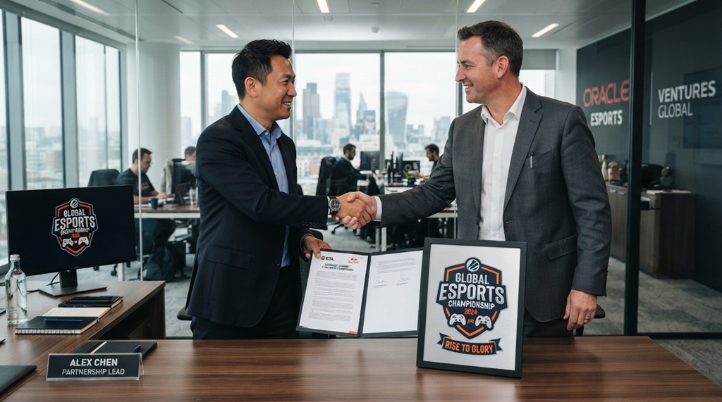 Two professionals shaking hands over an esports sponsorship contract on a desk