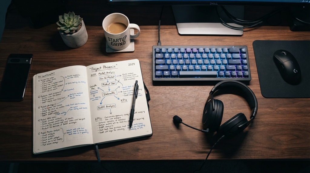 Notebook showing a business plan diagram beside a mechanical keyboard and headset on a desk.