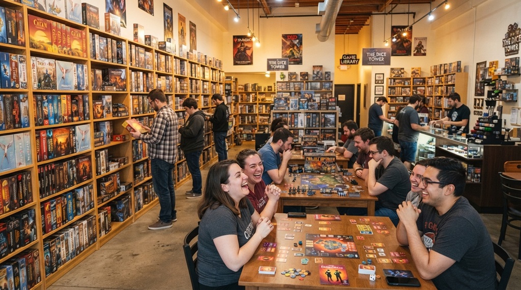 Players gathered local indoor game trading hub store shelves