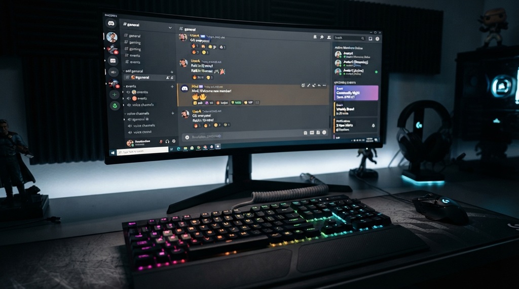 Active digital gaming chat feed displayed on a monitor with neon lighting.