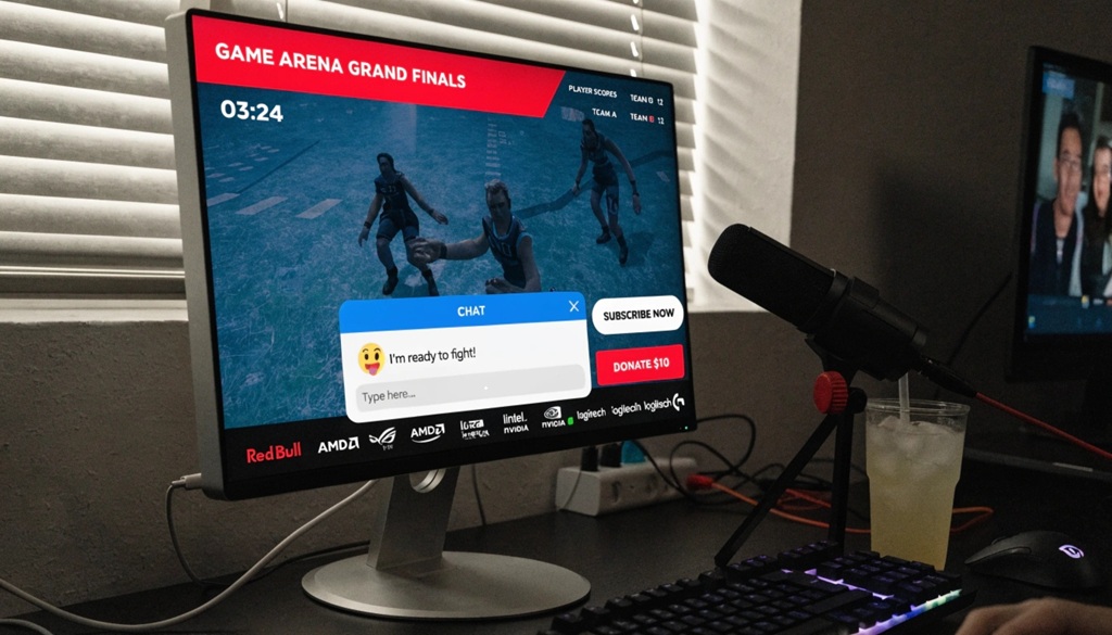Gaming tournament live stream desktop showing game action sponsor logos chat overlay