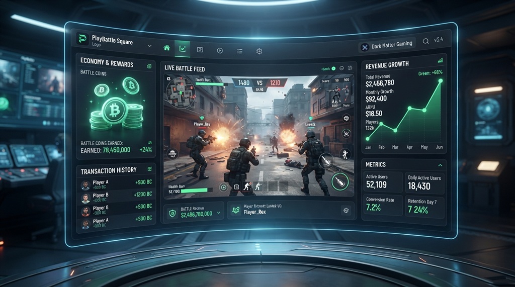 Analytics dashboard showing revenue charts and virtual coins for PlayBattle Square.