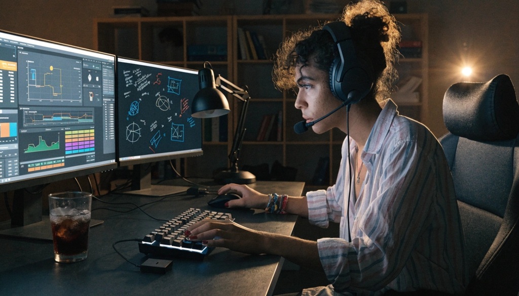 Gamer sitting at dual-monitor desk reviewing event strategy notes and financial charts