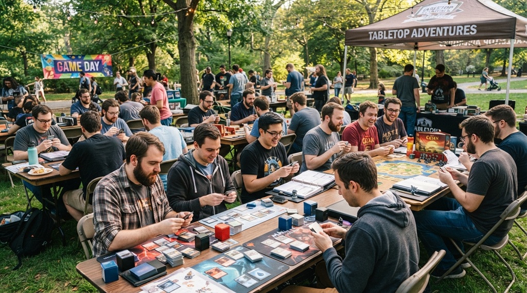 Group gamers trading collectible card games outdoor game meetup