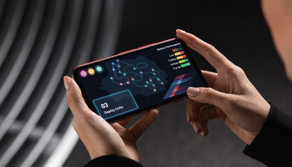 Hands holding a smartphone showing a strategy game and glowing battery graphics.