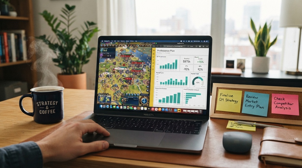 Laptop displaying strategy game news beside business plan analytics and coffee cup.
