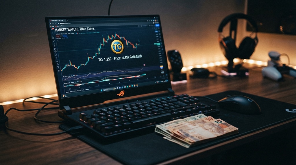 A gaming laptop displaying glowing virtual Tibia Coins next to real cash banknotes.
