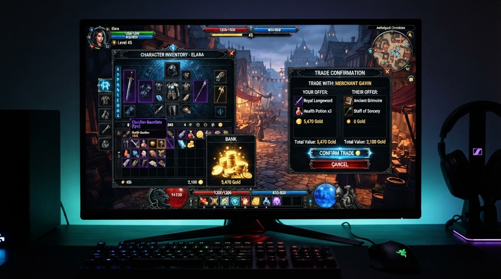 A computer monitor displaying a fantasy game inventory trading Tibia Coins for gold.