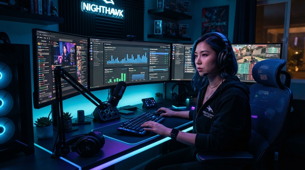 A community manager analyzing growth charts at a modern gaming desktop setup.