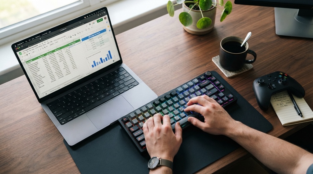 Hands typing financial formulas into video game campaign ROI spreadsheet next to mechanical keyboard