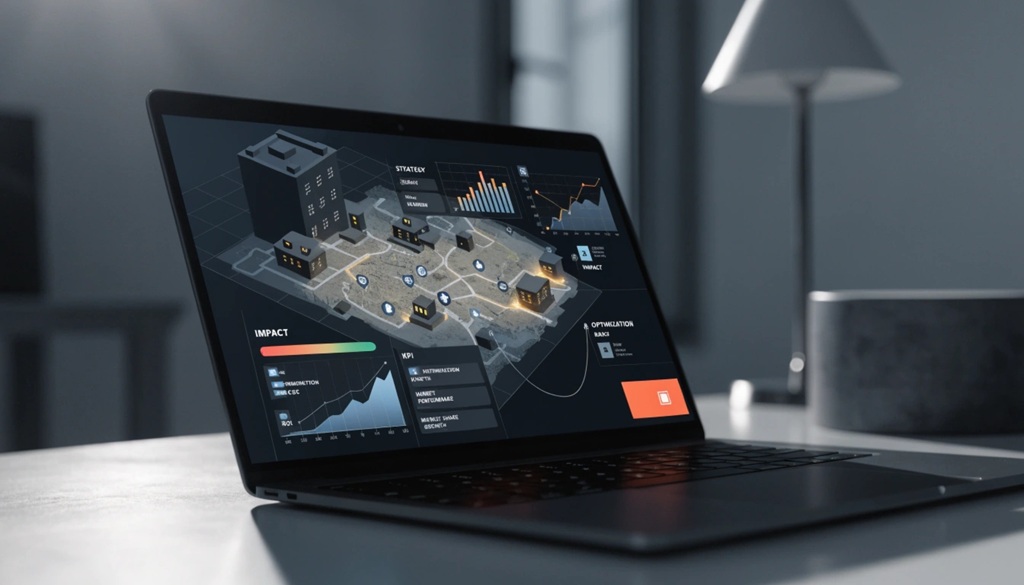 A laptop displaying tactical game terrain alongside business strategy charts.
