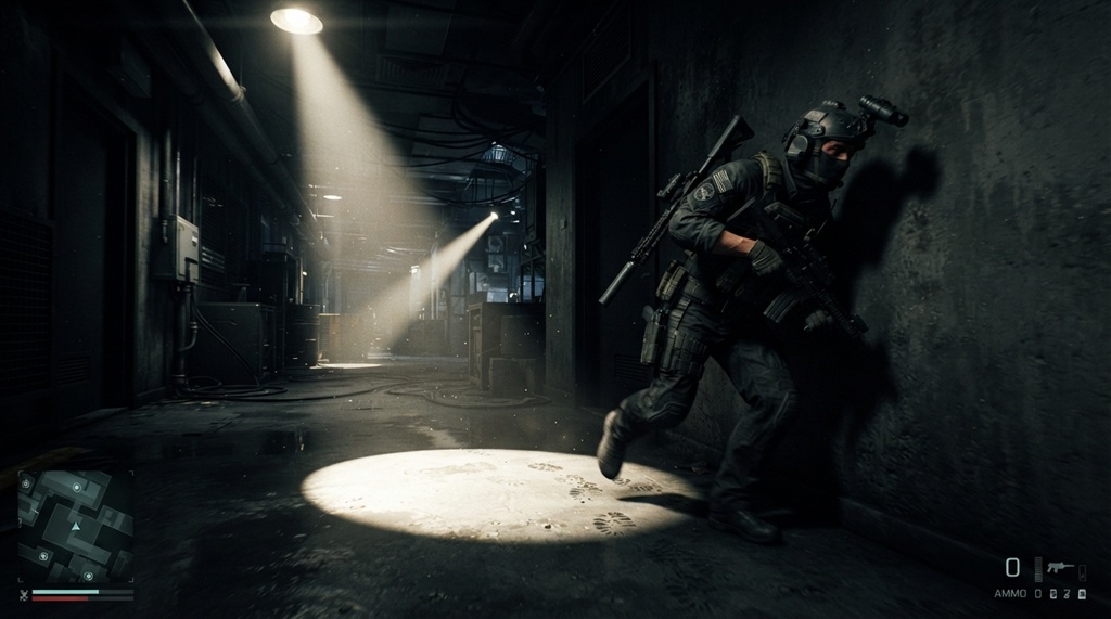 Male tactical agent hugging a wall to avoid dynamic searchlight sweeps in game.