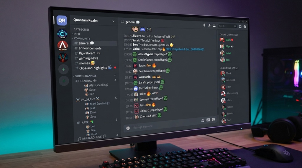 A desktop screen displaying an active gaming Discord server with multiple channels.