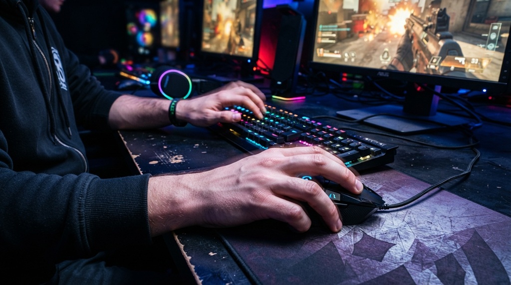 A male player uses a high precision mouse and mechanical keyboard during competitive gameplay.