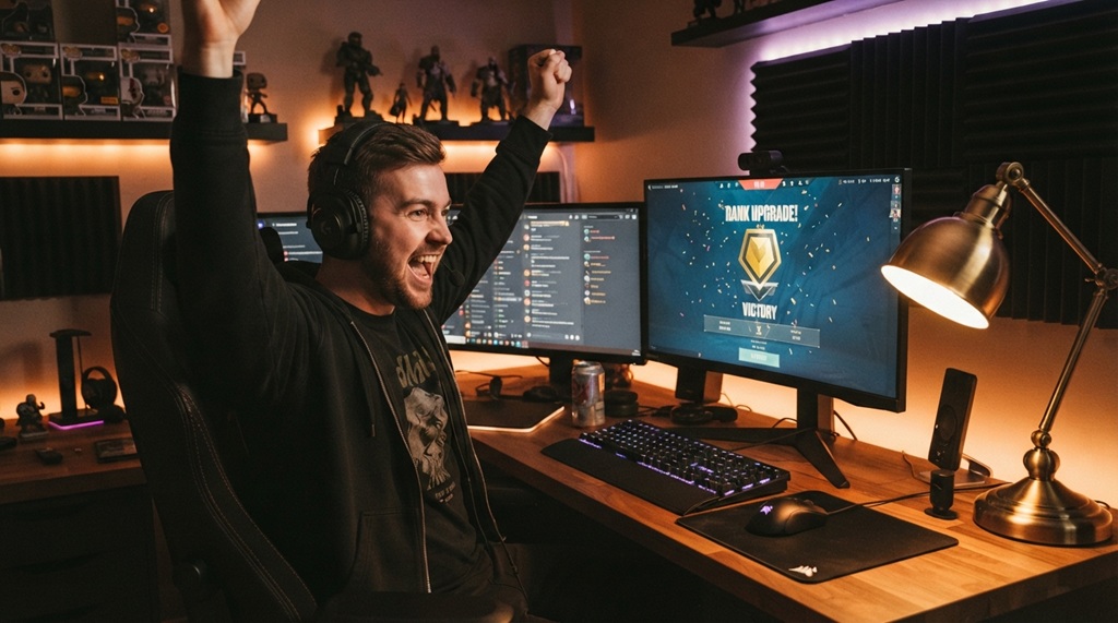 A male gamer celebrates a rank upgrade victory screen at his desk.