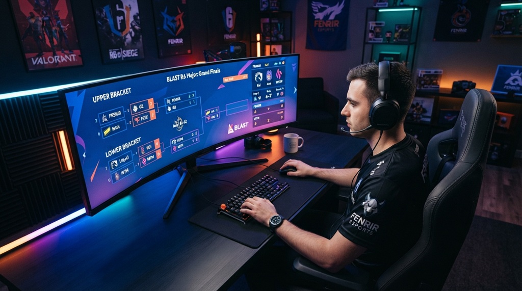 Player reviewing digital tournament bracket and player stats on sleek desk monitor.