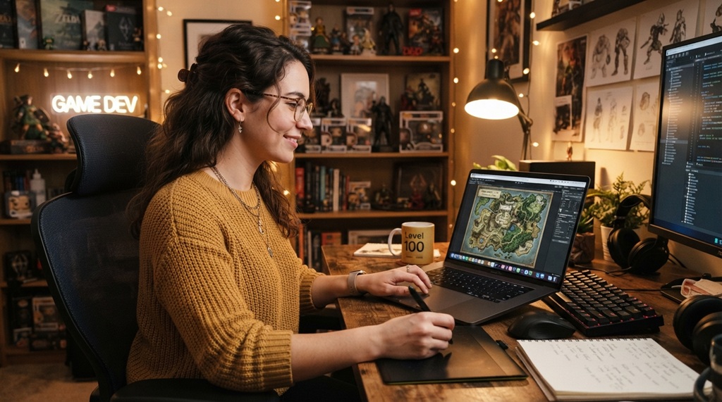 A female game designer reviewing a detailed level layout on her laptop.