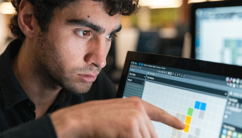 A male developer examining digital terrain software on a computer monitor.
