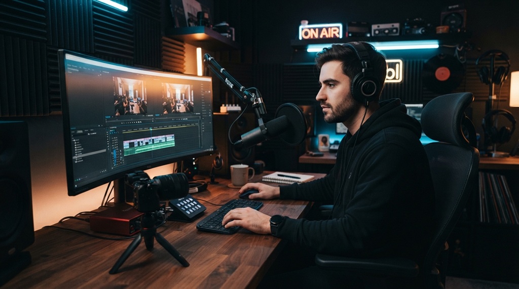 A gamer editing a video using a microphone and dual-monitor workstation.