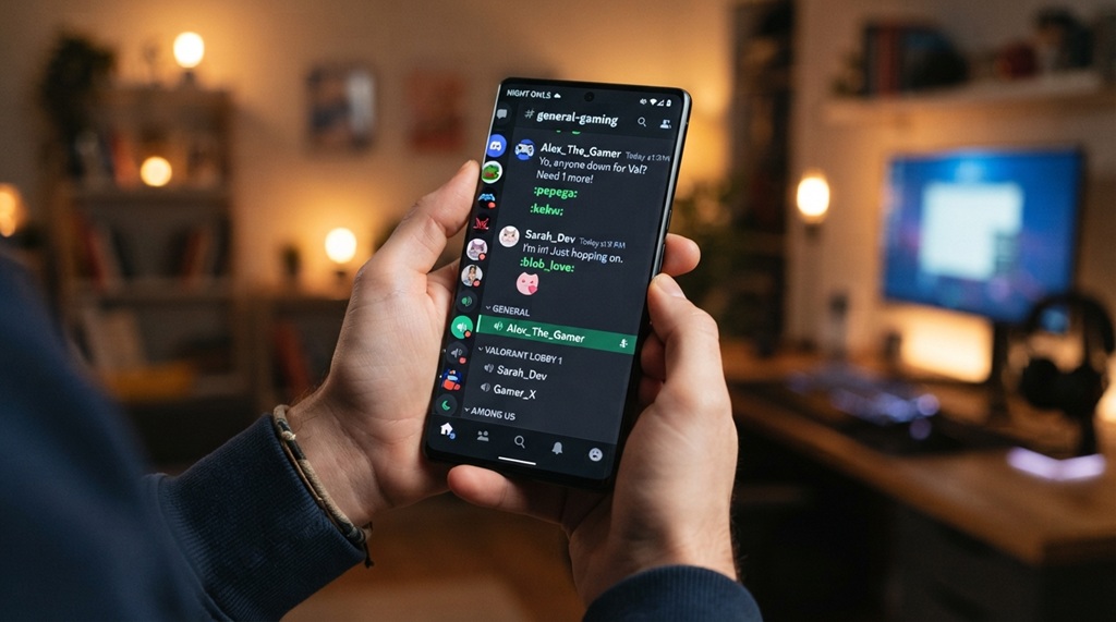 Hand holding a phone displaying active gaming Discord voice channels.