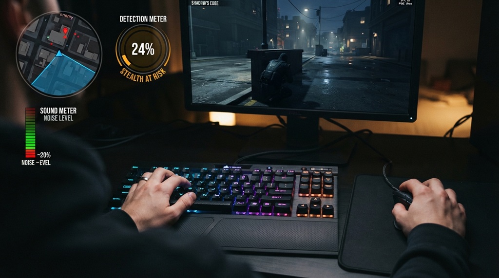 Male gamer playing a stealth game with vision cones and sound meters on screen.