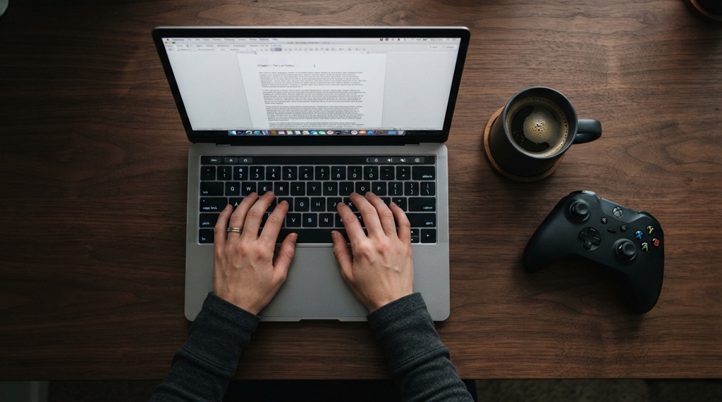 Top-down view of someone typing on a laptop next to a gaming controller.