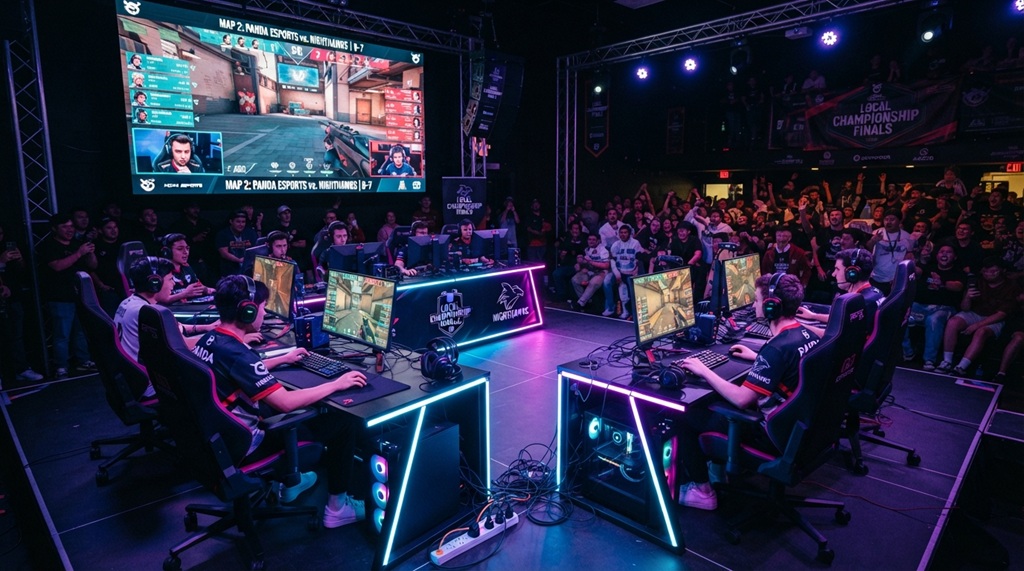 Gamers playing on glowing computers at vibrant local esports gaming tournament venue.