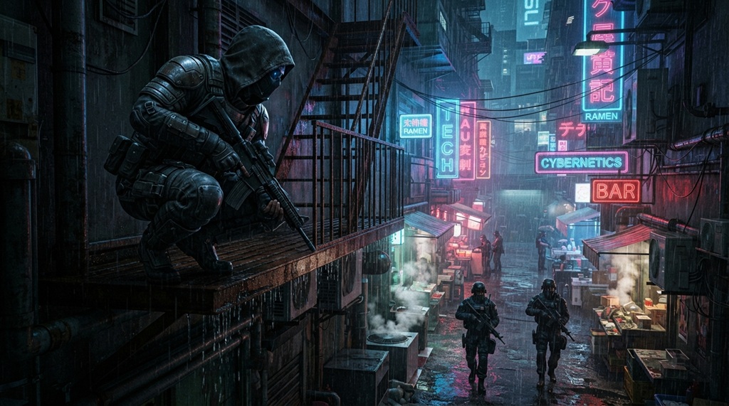 Male stealth character hiding in shadows watching guard patrols in a rainy alleyway.