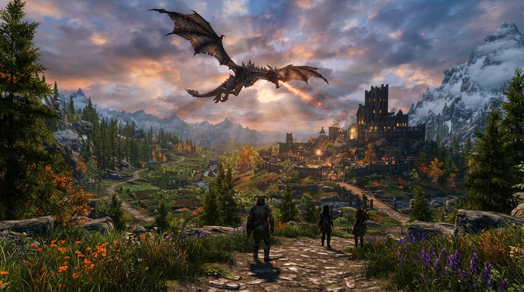 A visually enhanced dragon flying over the modded town of Whiterun in Skyrim.