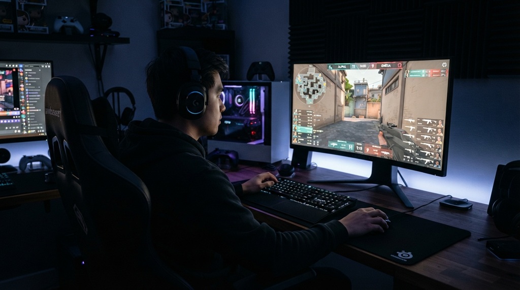 A male player analyzes tactical stats and minimap overlay on a gaming monitor.