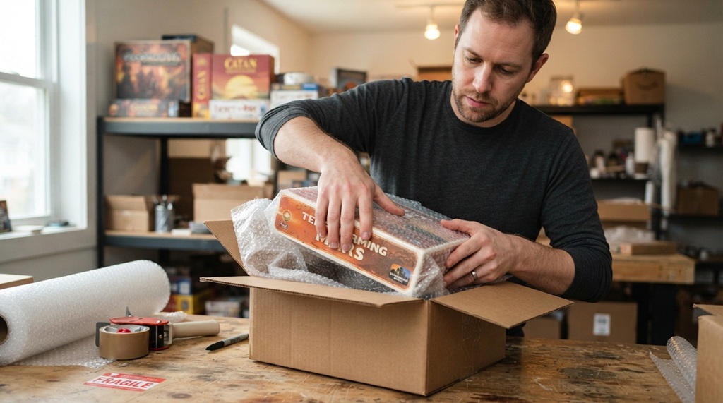 A man packing a board game with protective bubble wrap inside cardboard.
