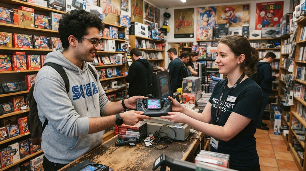 A man selling a portable gaming console to a female store associate.