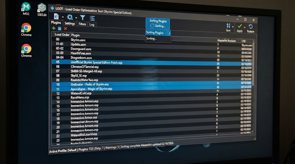 A desktop screen running LOOT load order software to organize Skyrim mods.