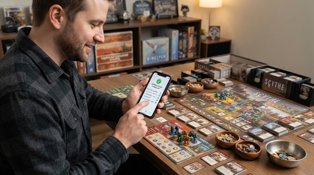 A man holding a phone checking board game component inventory accurately.