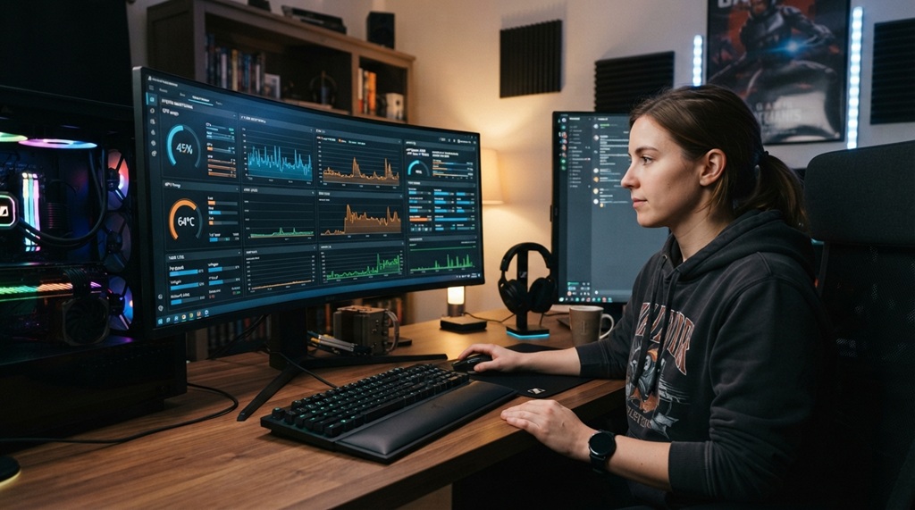 A woman reviewing system performance metrics on a high resolution screen.