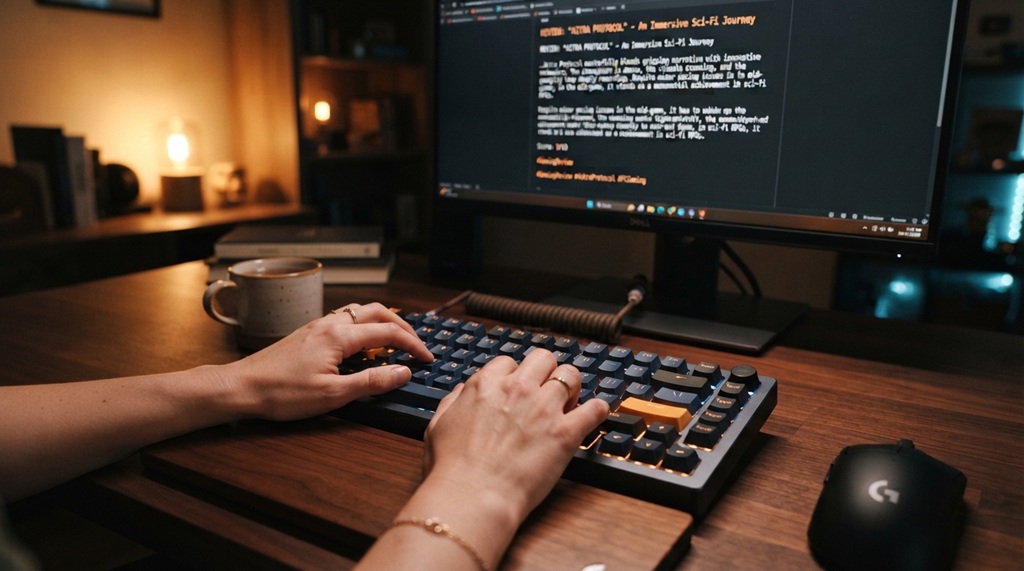 Hands typing a video game review article on a mechanical backlit keyboard.