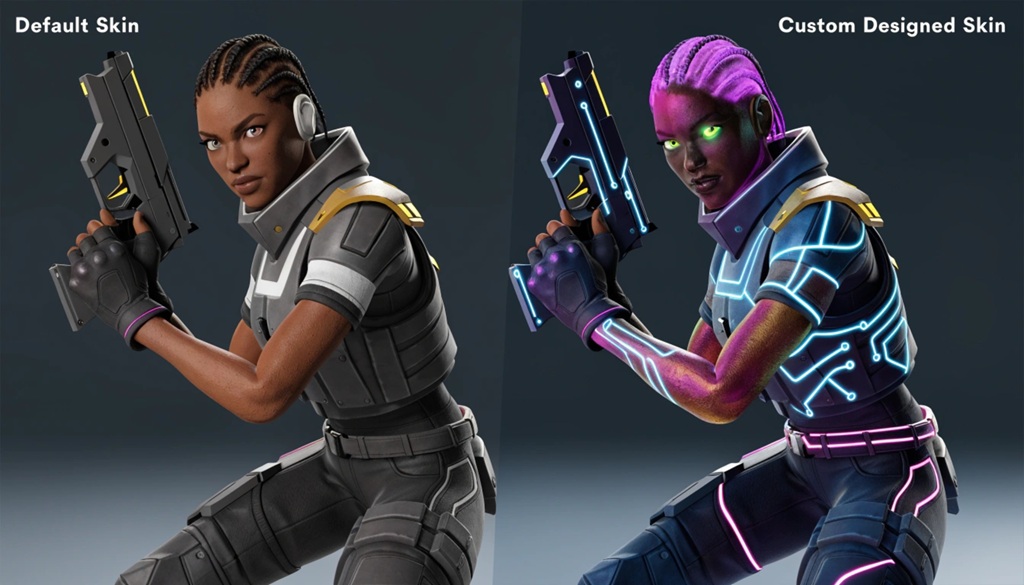 A split screen showing a default video game character next to a custom skin.