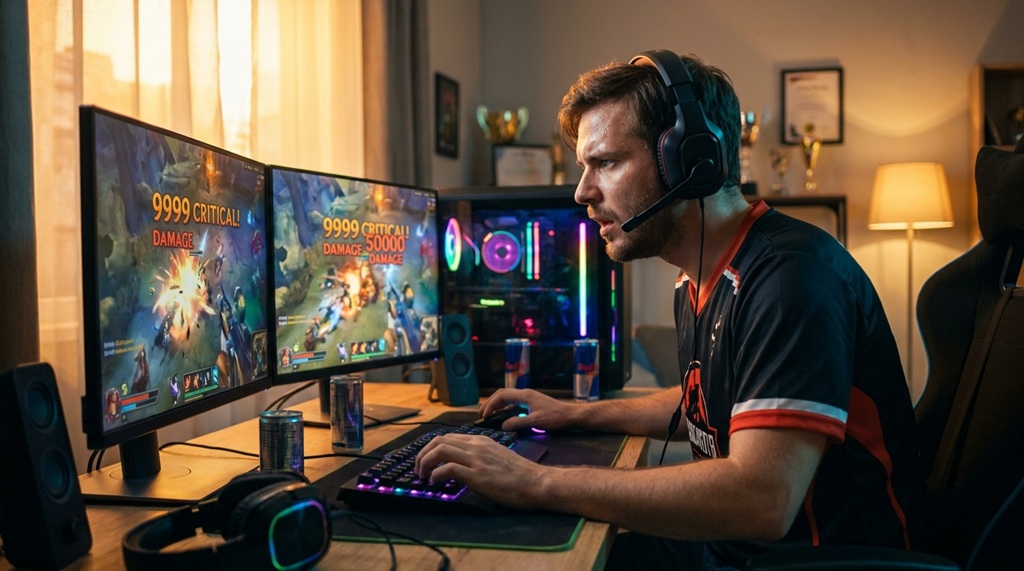 Male gamer at RGB desk focusing on game with high damage output numbers.
