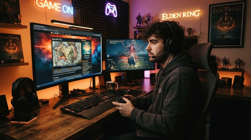 A male gamer sitting at a neon desk studying RPG leveling strategies.