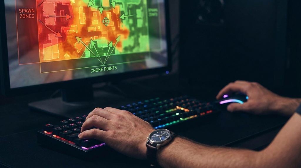 A player's hands on a mechanical keyboard displaying a heat map screen.