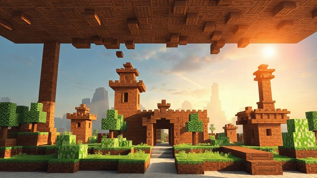 Why essential minecraft building techniques matters A blocky brick castle with towers and a central gate stands among green trees under a sunny sky.